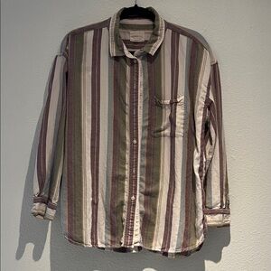 American Eagle Outfitters Striped Button Down Shirt - Purple, Green, White